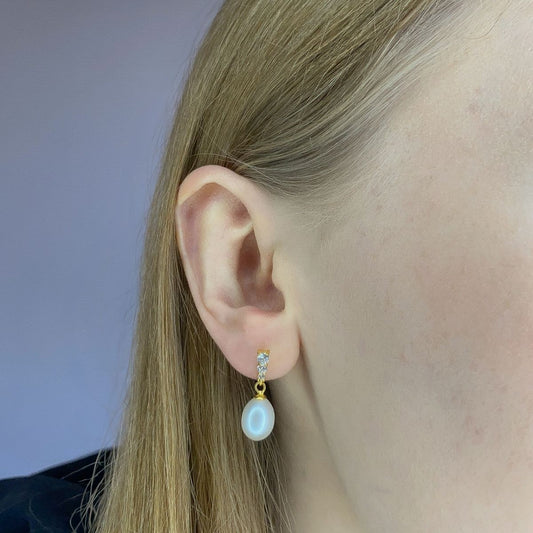 Sterling Silver Gold Plated Pearl & CZ Drop Earrings