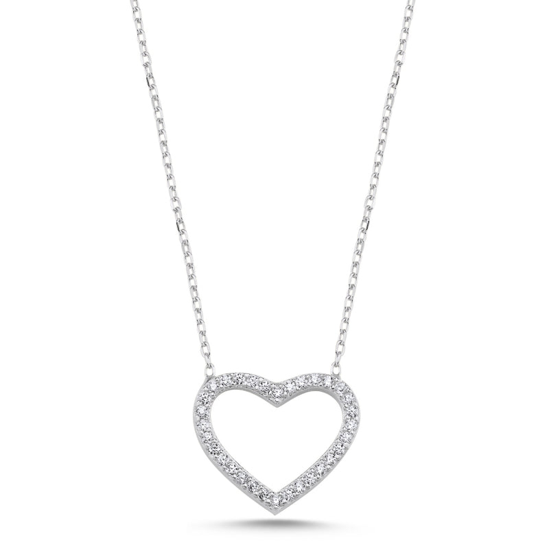 Sterling Silver Rhodium Plated CZ Heart Necklace