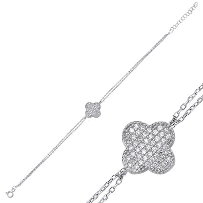 Sterling Silver Rhodium Plated CZ Clover Bracelet