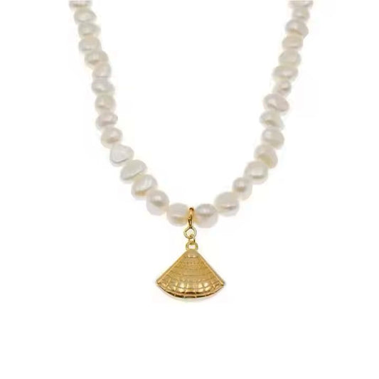 Sterling Silver Gold Plated Seashell Pearl Necklace