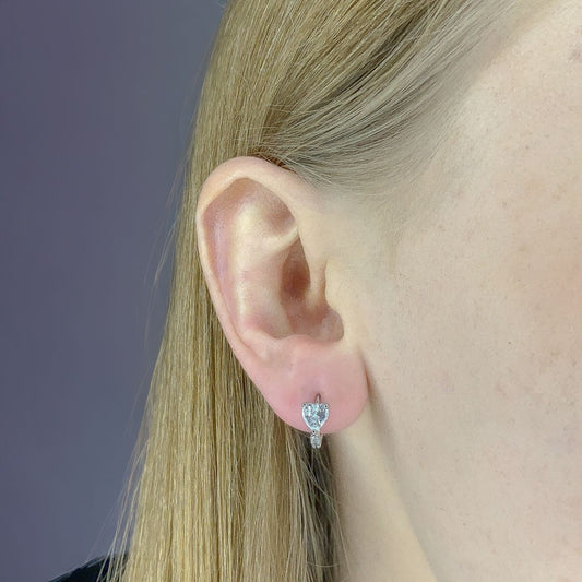 Sterling Silver Rhodium Plated CZ Heart Hoops
