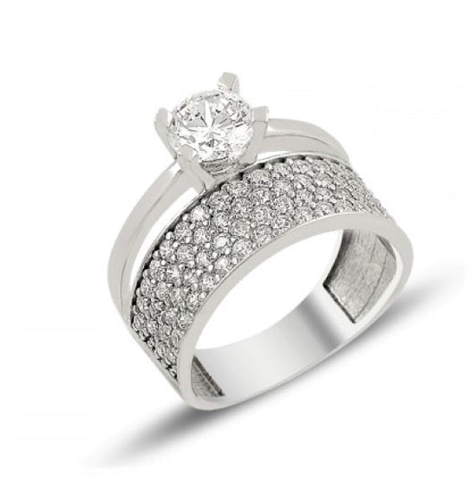 Sterling Silver Rhodium Plated Four Row CZ Band Ring