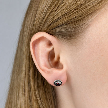 Sterling Silver Oval Garnet Studs