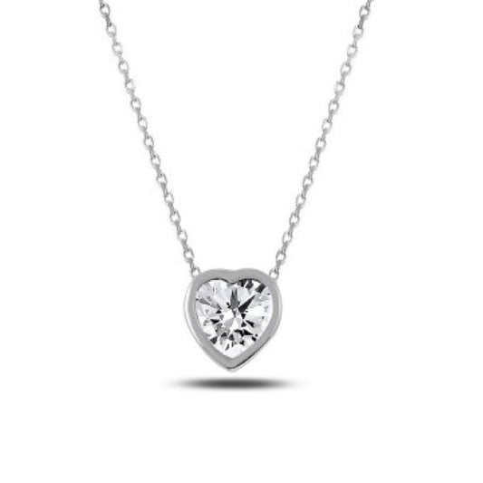 Sterling Silver Rhodium Plated CZ Heart Necklace