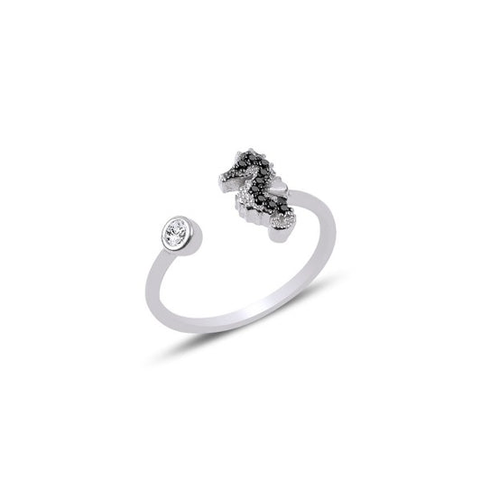 Sterling Silver Rhodium Plated CZ Seahorse Ring