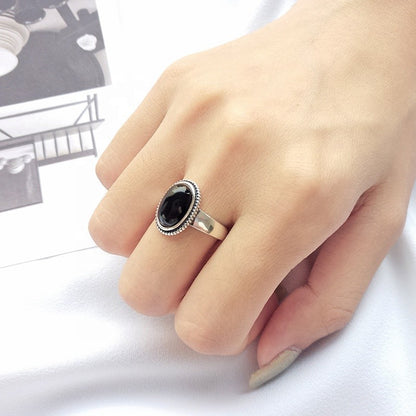 Sterling Silver Rhodium Plated Black Agate Ring