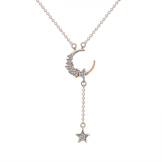 Sterling Silver Rose Gold Plated CZ Moon Necklace