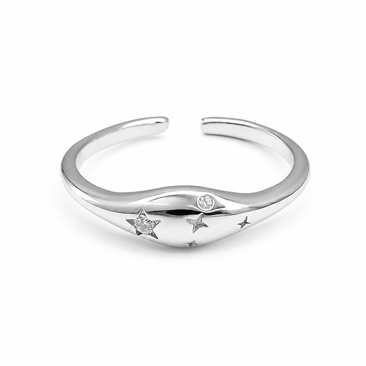 Sterling Silver Rhodium Plated Adjustable CZ Star Ring