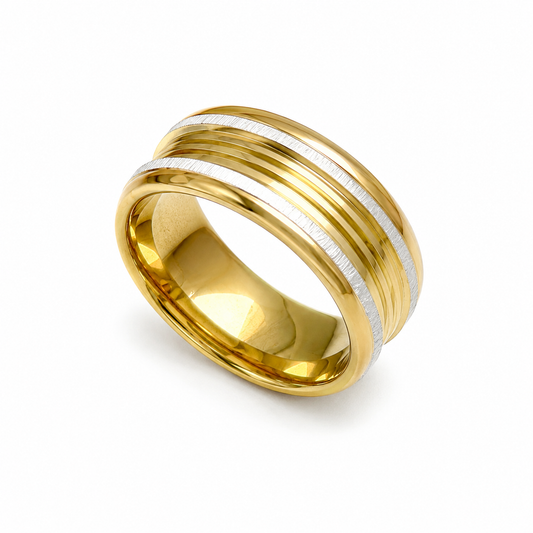 Auksuotas 8mm pločio žiedas „Gold & Steel“