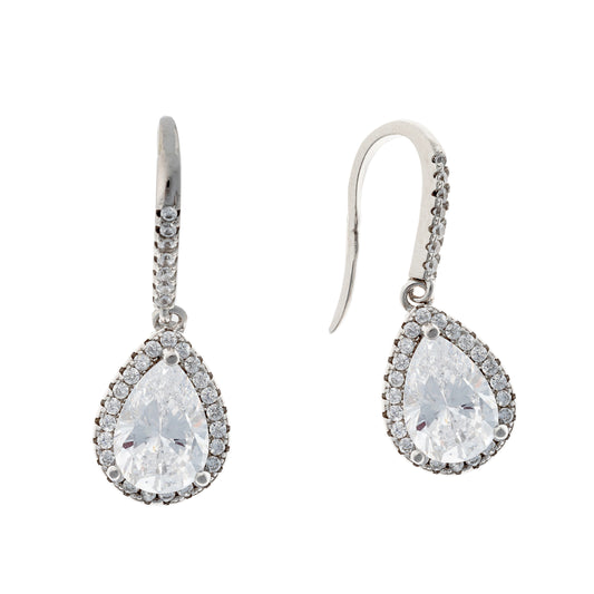 Sterling Silver Rhodium Plated Teardrop CZ Earrings
