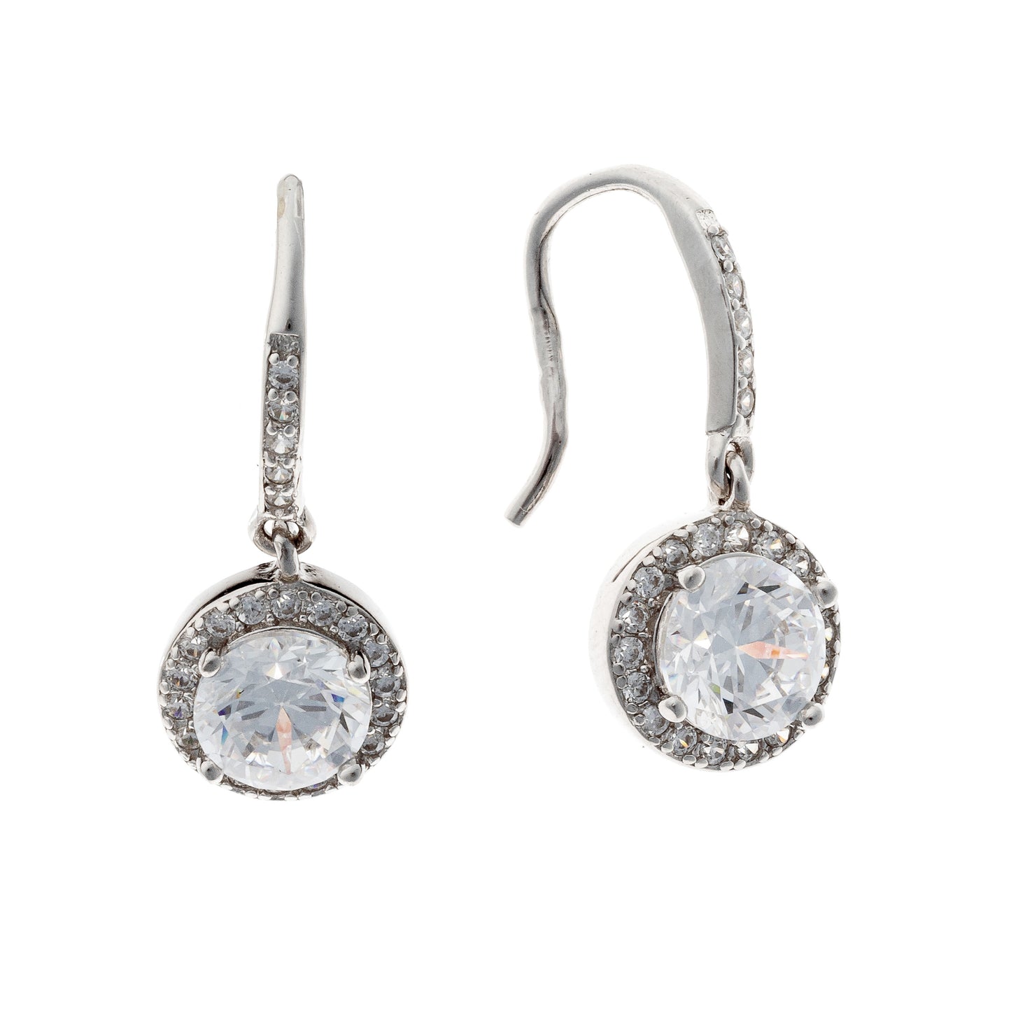 Sterling Silver Rhodium Plated Round CZ Drop Earrings