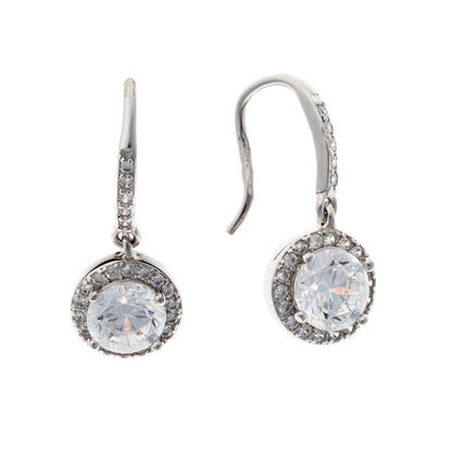 Sterling Silver Rhodium Plated Round CZ Drop Earrings