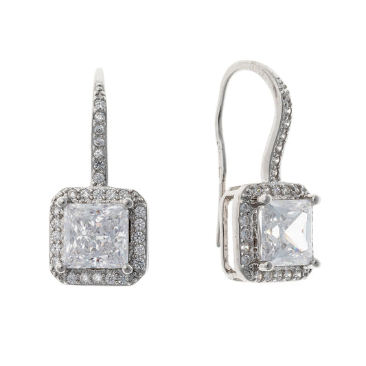 Sterling Silver Rhodium Plated Square CZ Drop Earrings