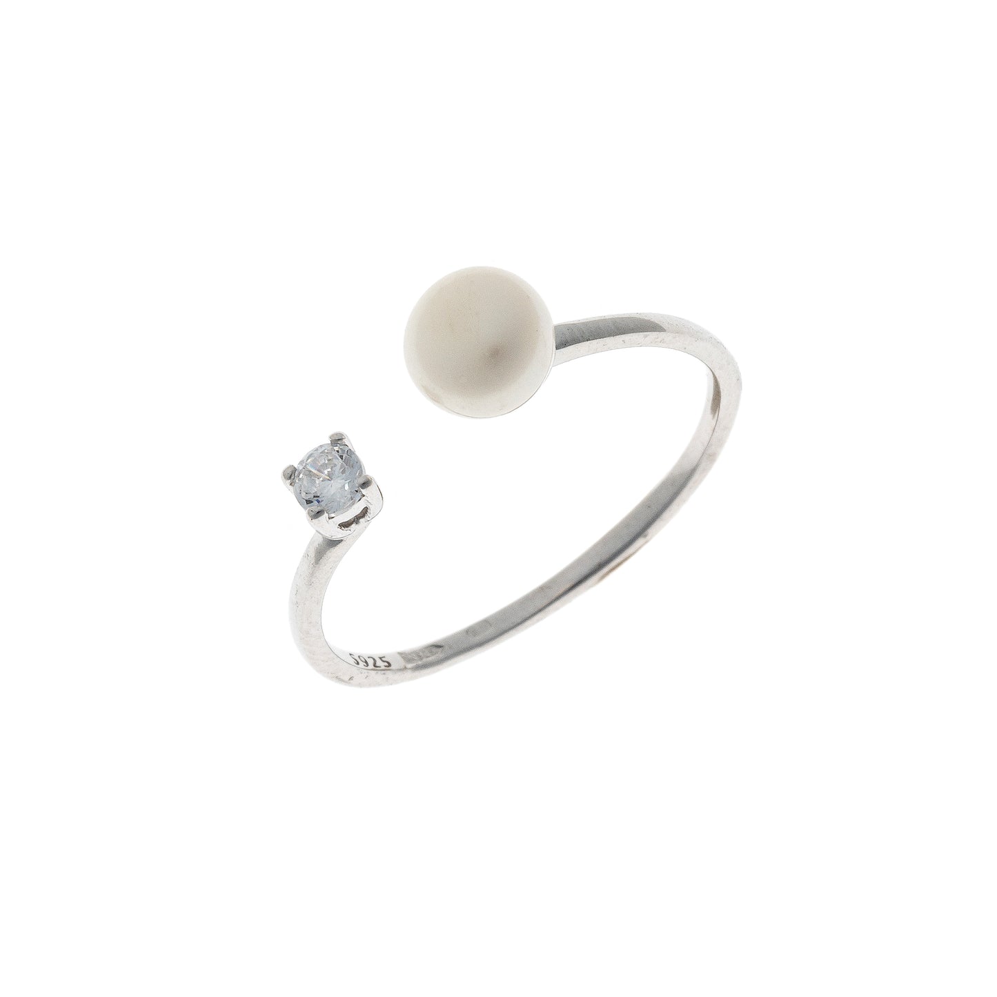 Sterling Silver Rhodium Plated Pearl & CZ Crystal Ring