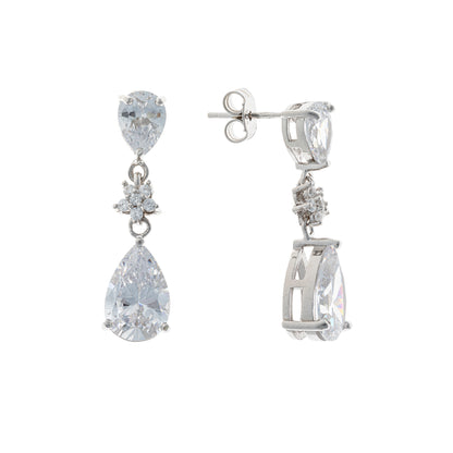 Sterling Silver Rhodium Plated Teardrop CZ Earrings