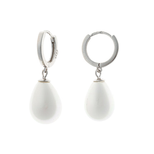Sterling Silver Rhodium Plated Hoops with Pearl Charms