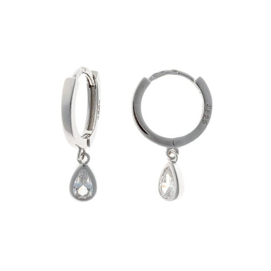 Sterling Silver Rhodium Plated Hoops with CZ Charms