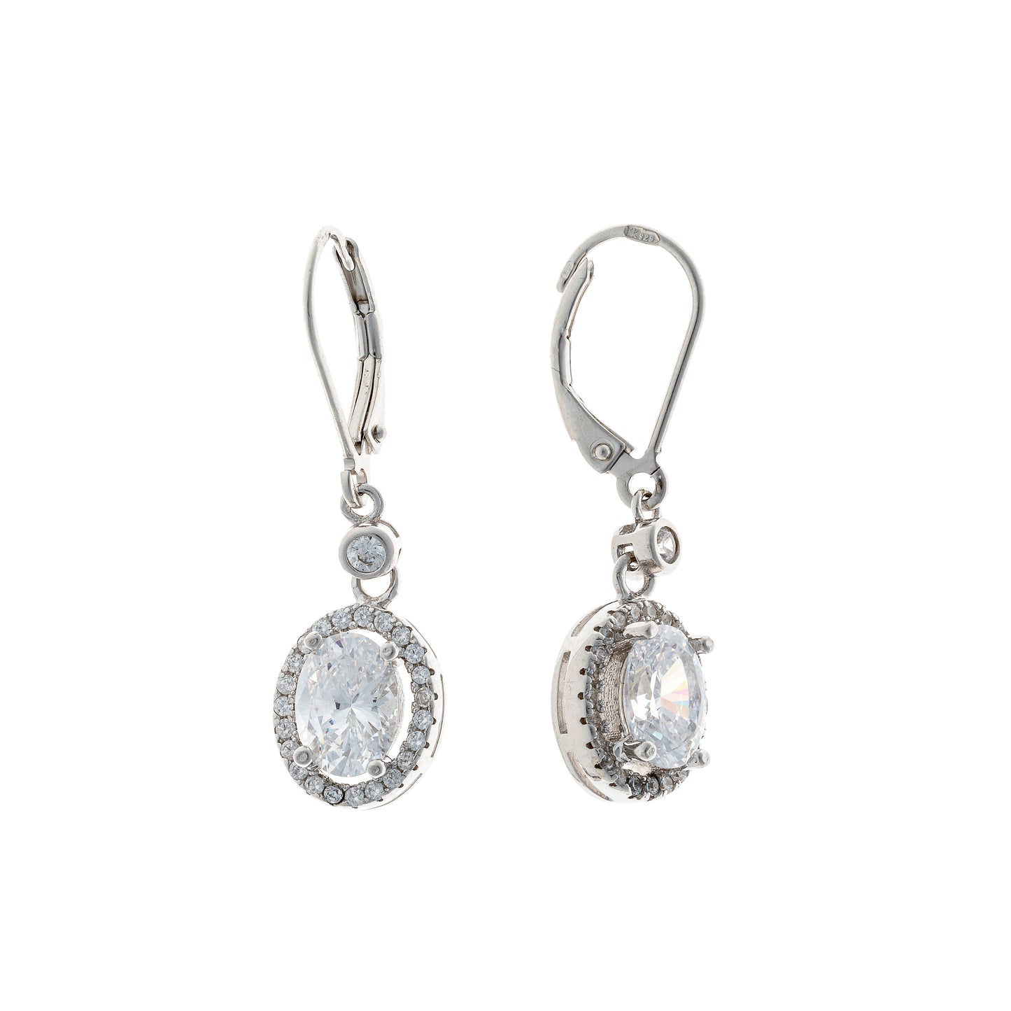 Sterling Silver Rhodium Plated Oval CZ Drop Earrings