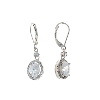 Sterling Silver Rhodium Plated Oval CZ Drop Earrings