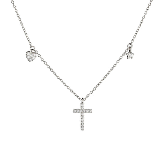 Sterling Silver Rhodium Plated CZ Cross Necklace