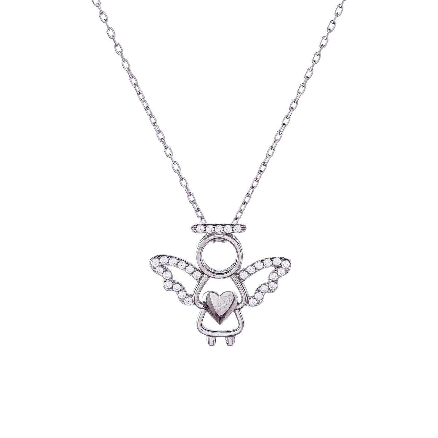 Sterling Silver Rhodium Plated CZ Angel Necklace