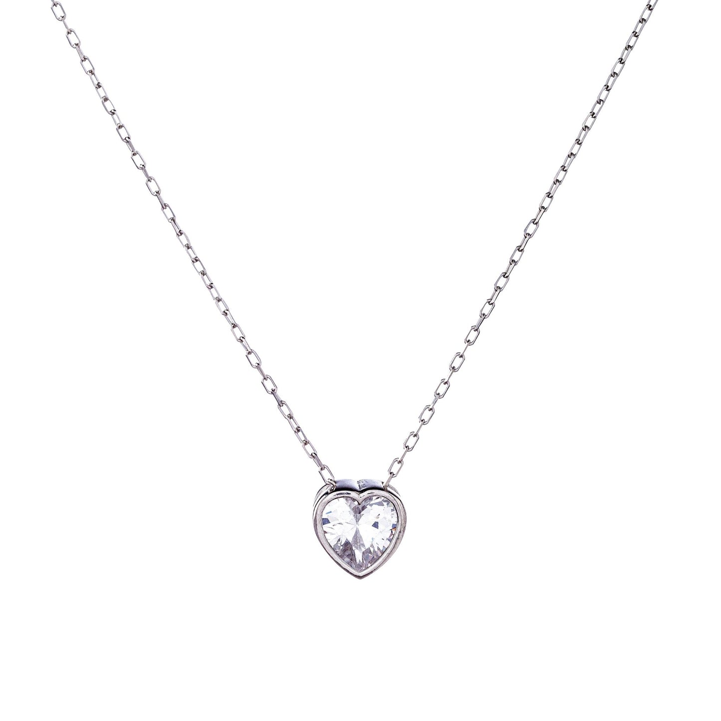 Sterling Silver Rhodium Plated CZ Heart Necklace