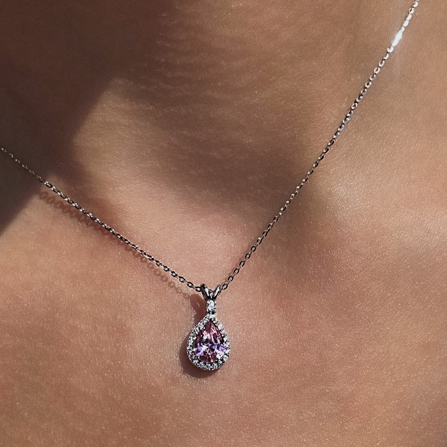 Sterling Silver Rhodium Plated CZ Teardrop Necklace