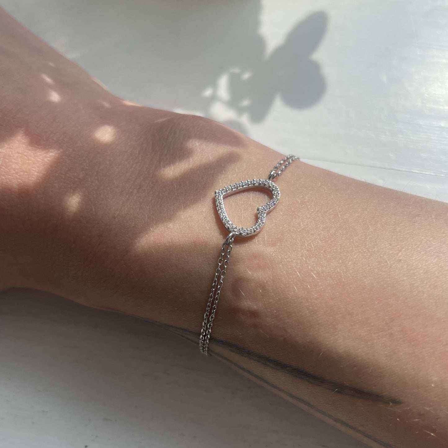Sterling Silver Rhodium Plated CZ Heart Bracelet