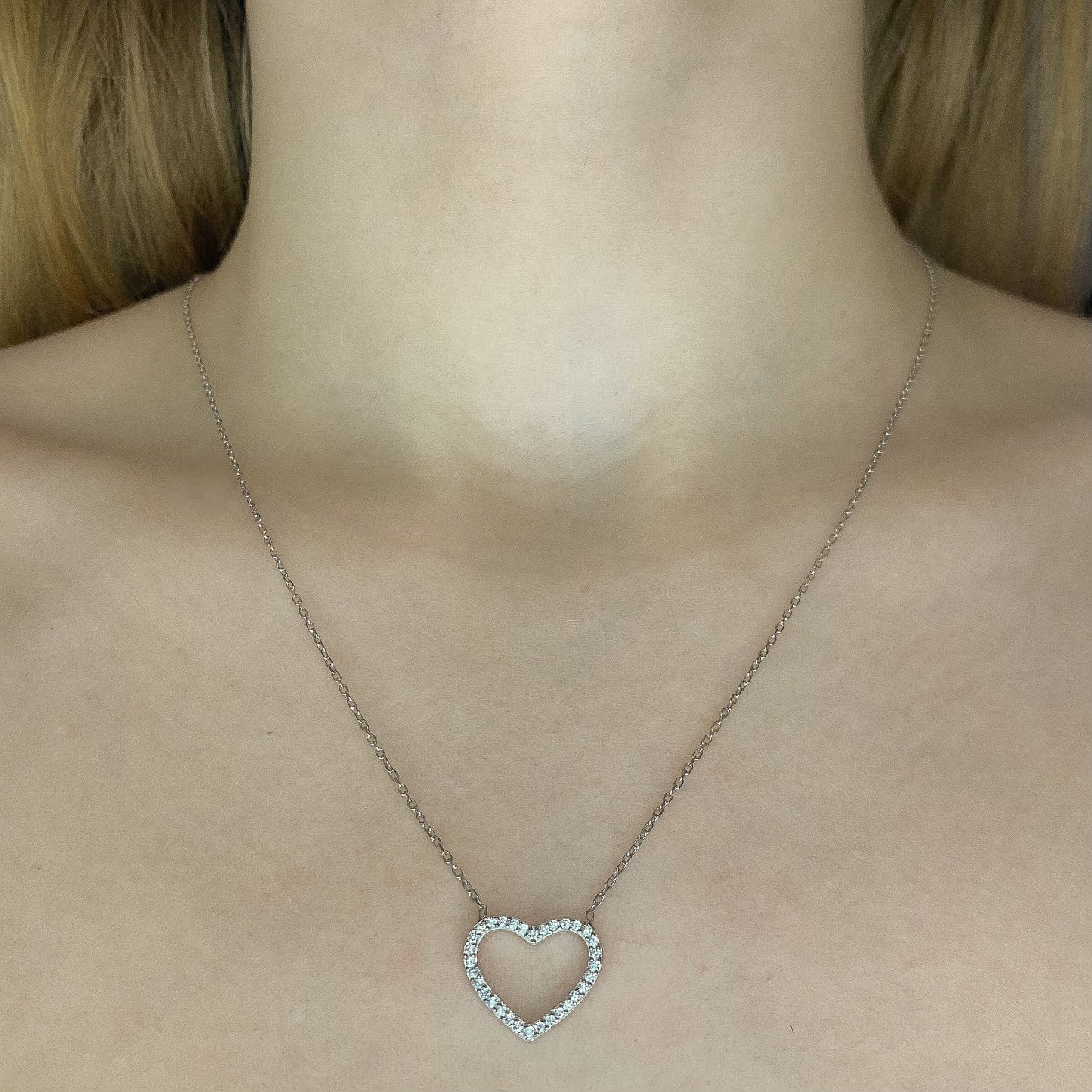 Sterling Silver Rhodium Plated CZ Heart Necklace