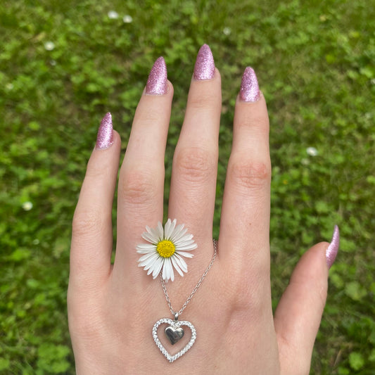 Sterling Silver Rhodium Plated CZ Double Heart Necklace