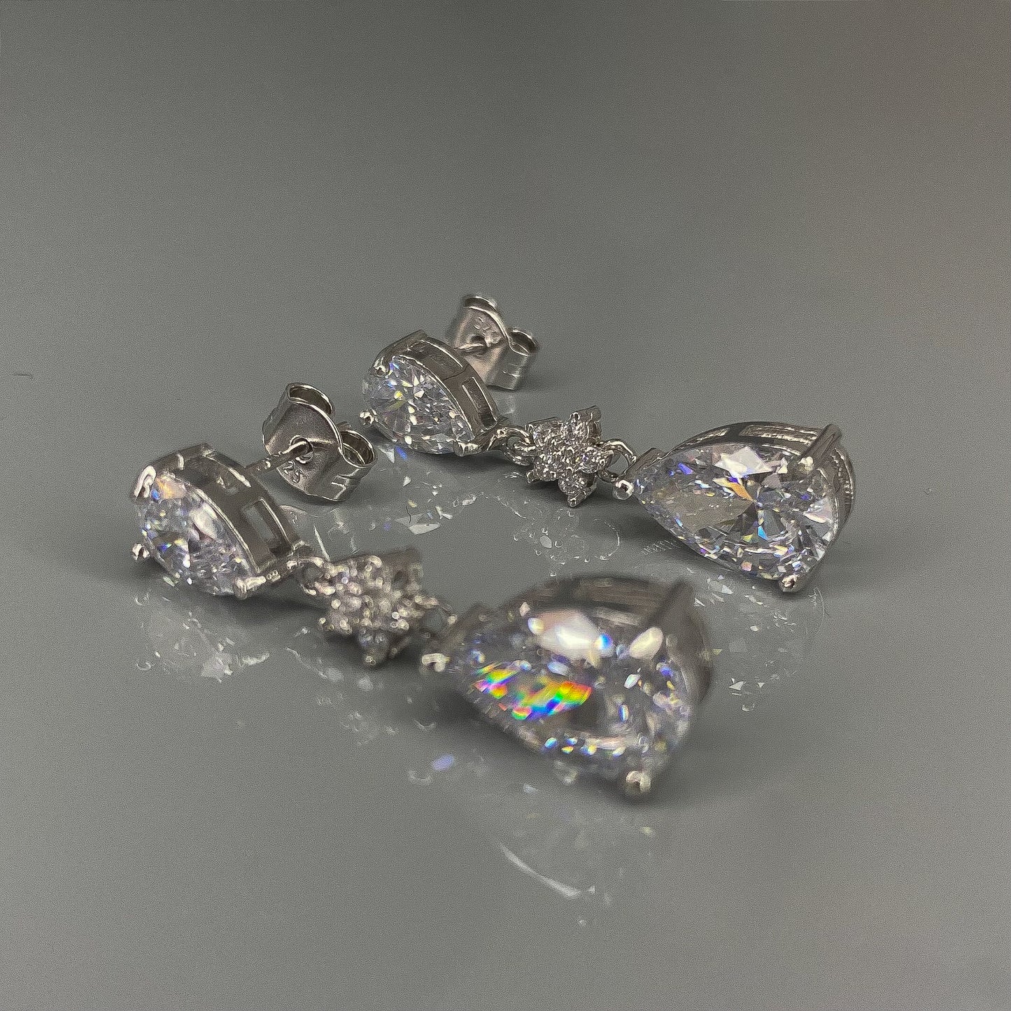 Sterling Silver Rhodium Plated Teardrop CZ Earrings