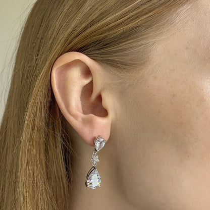 Sterling Silver Rhodium Plated Teardrop CZ Earrings