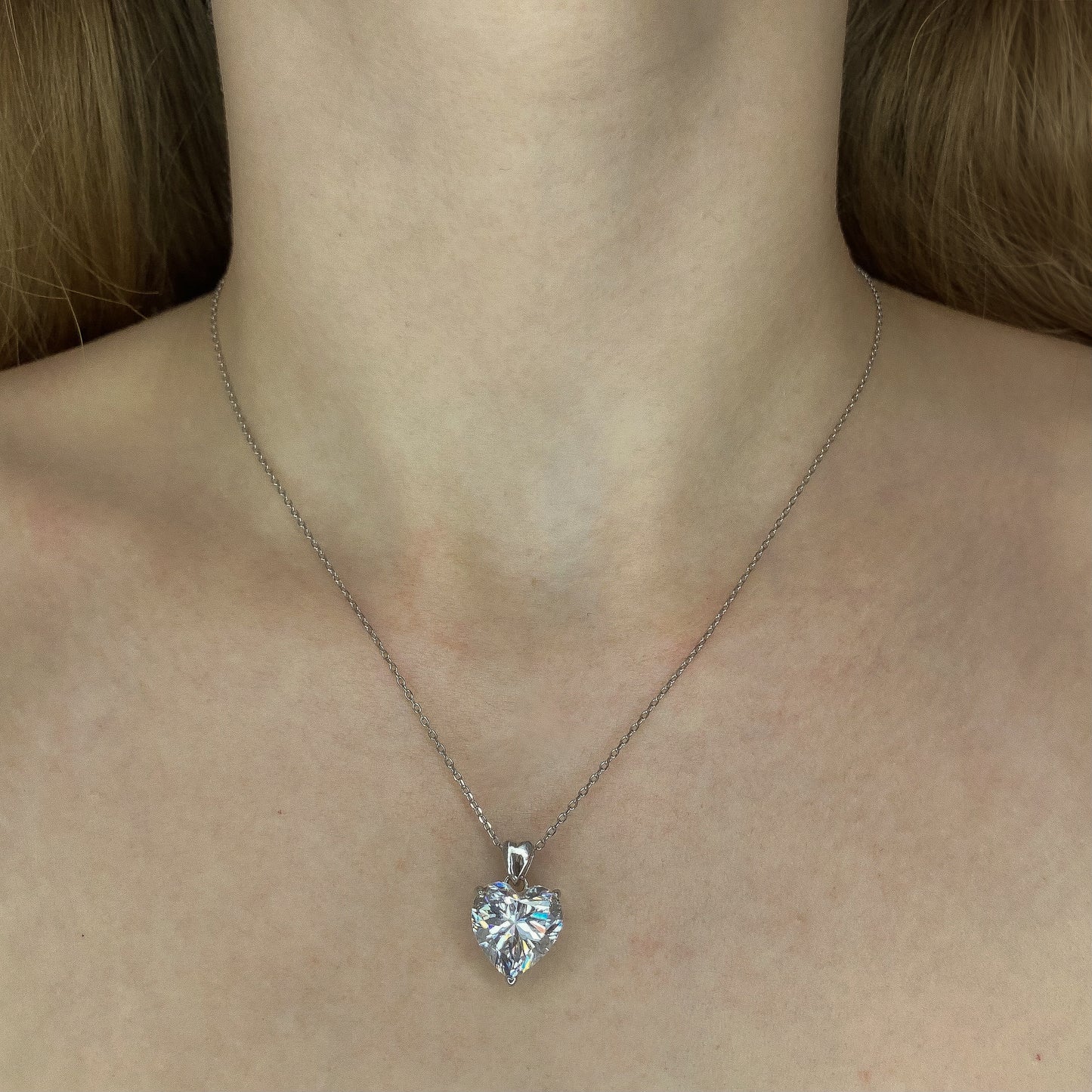 Sterling Silver Rhodium Plated CZ Heart Necklace