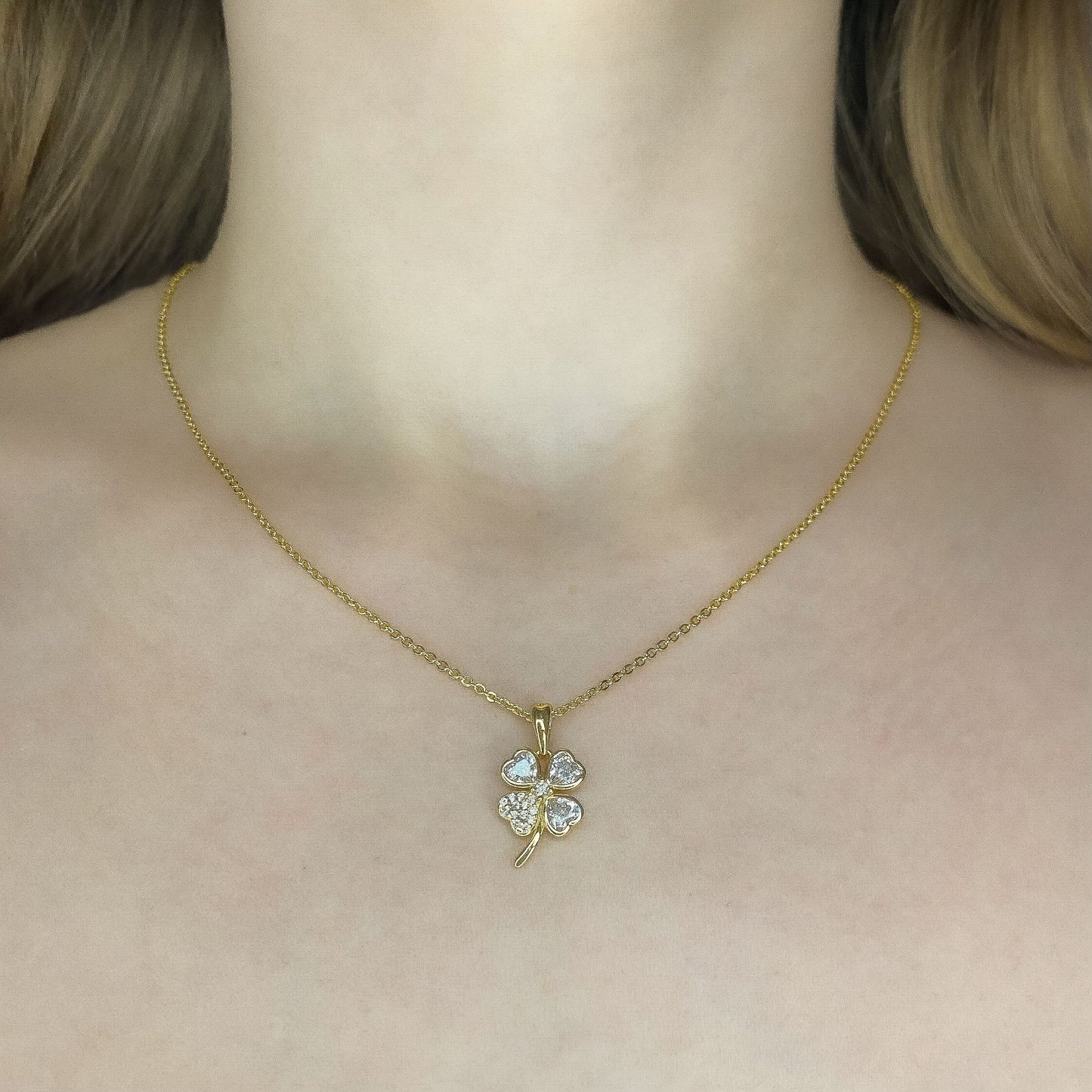 Sterling Silver Gold Plated CZ Clover Necklace