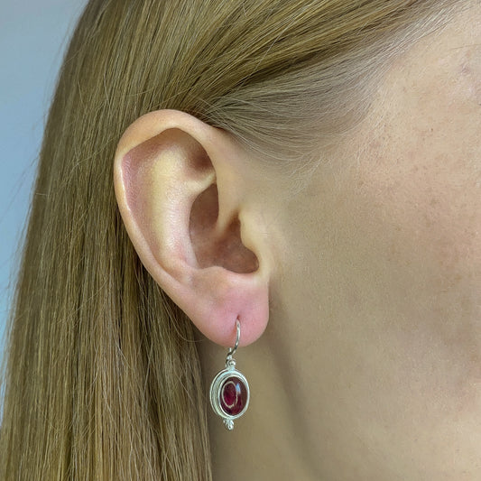 Sterling Silver Oval Garnet Drop Earrings