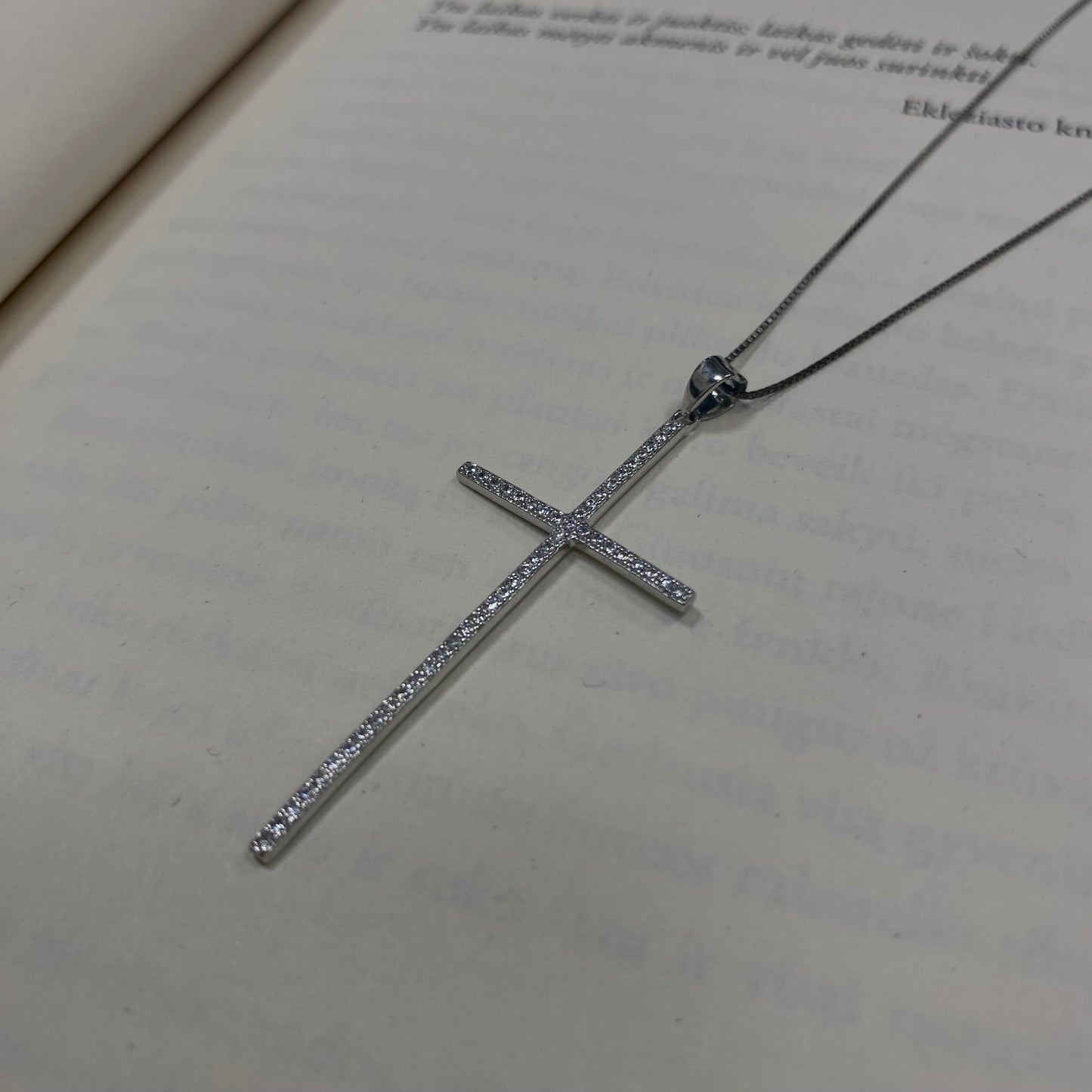 Sterling Silver Rhodium Plated CZ Cross Necklace
