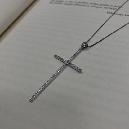 Sterling Silver Rhodium Plated CZ Cross Necklace