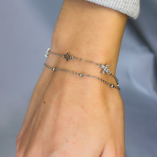 Sidabrinė rodžiuota dviejų gijų apyrankė su cirkoniais „Gėlytė ir dobilas“