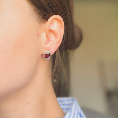 Sterling Silver Oval Garnet Studs