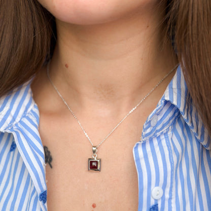 Sterling Silver Square Garnet Pendant Necklace