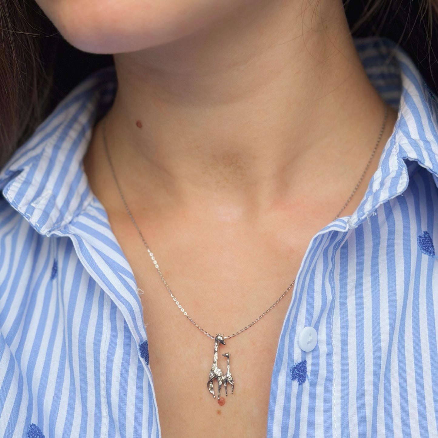 Sterling Silver Rhodium Plated CZ Giraffe Necklace