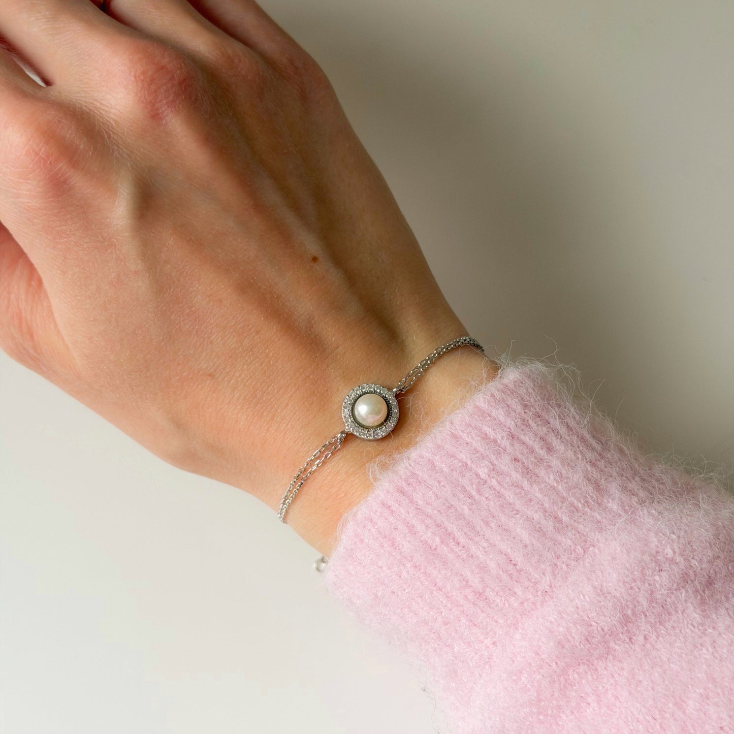 Sterling Silver Rhodium Plated Pearl & CZ Bracelet