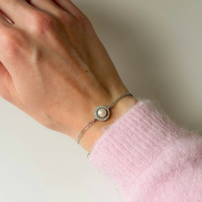 Sterling Silver Rhodium Plated Pearl & CZ Bracelet
