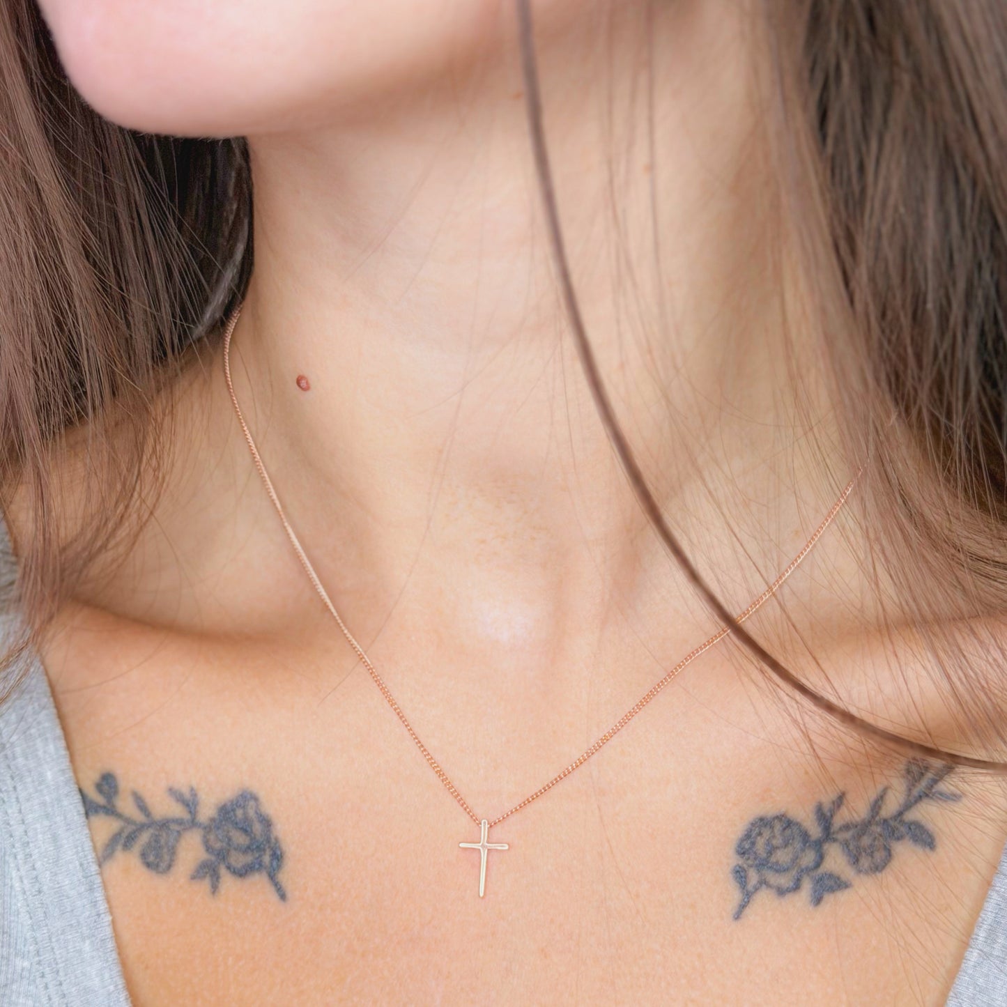 Sterling Silver Rose Gold Plated Cross Pendant Necklace