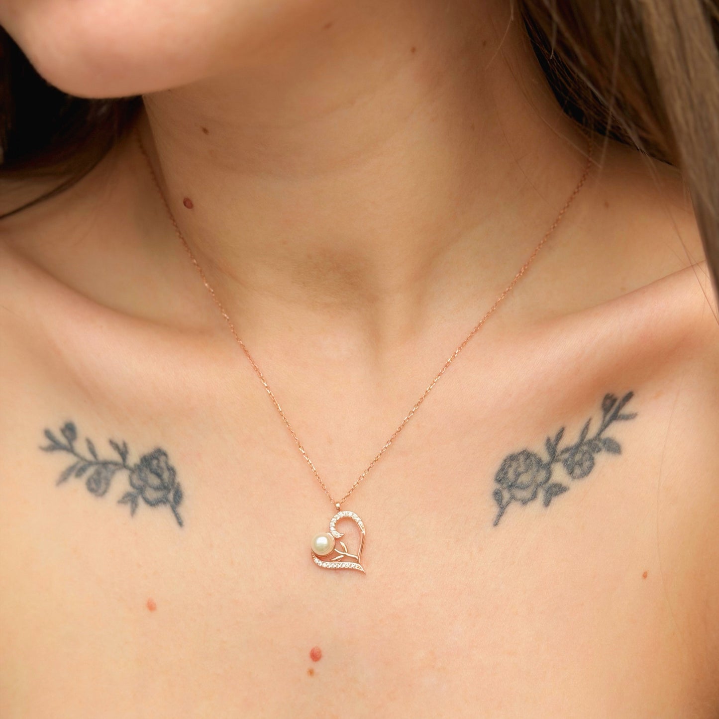 Sterling Silver Rose Gold Plated Pearl Heart Necklace