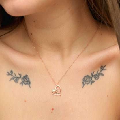 Sterling Silver Rose Gold Plated Pearl Heart Necklace