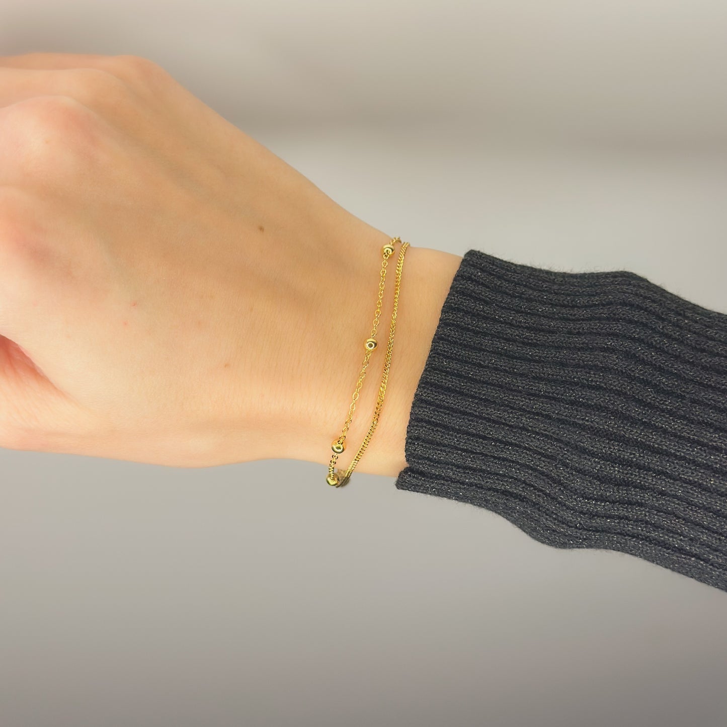 Sterling Silver Gold Plated Double Chain Bracelet with Beads