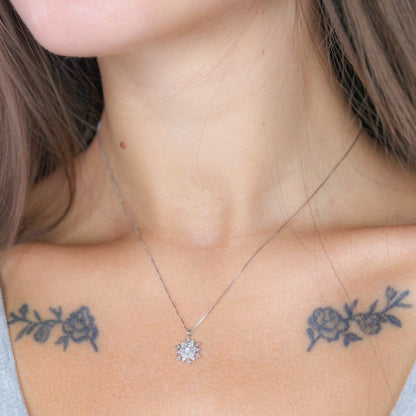 Sterling Silver Rhodium Plated CZ Flower Necklace