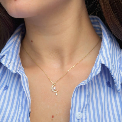Sterling Silver Gold Plated Pearl & CZ Necklace