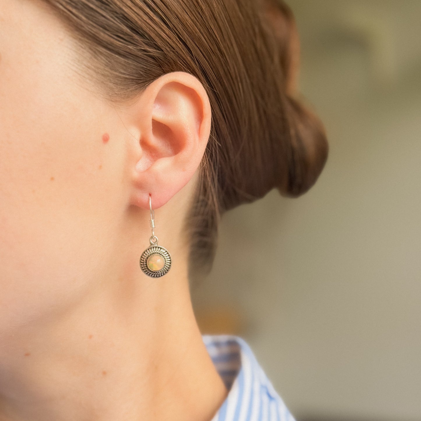 Sterling Silver Round Opal Drop Earrings